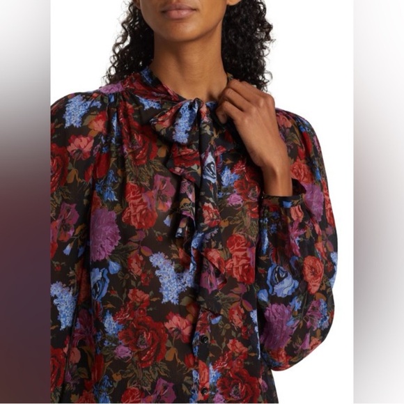 Paige Elynne Silk Floral Tie Neck Blouse Button Front Long Sleeve Size XL - Picture 4 of 12